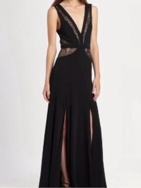 BCBGMaxAzria Black Sophie Lace-Trim V-Neck Formal Dress